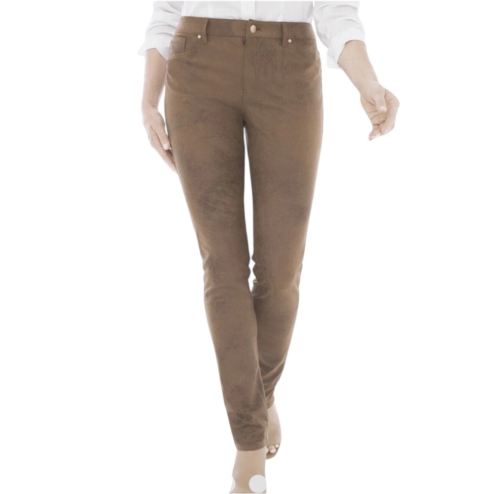 Chico's Faux Suede Skinny Pants Jeans XL 16 Brown Taupe Stretchy Knit Casual